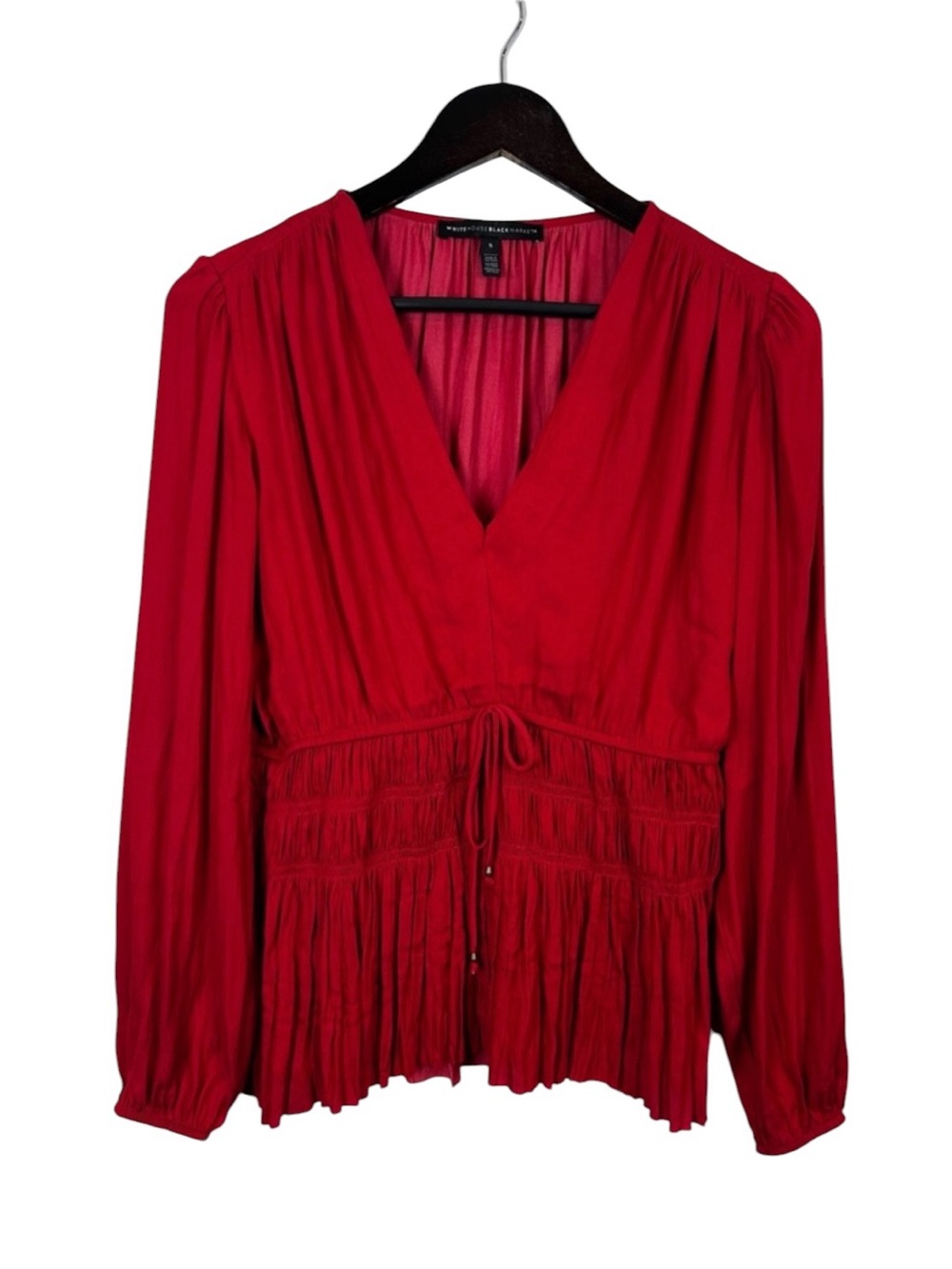 White House Black Market Red V-Neck Long Sleeve Smocked Waist Blouse Size Small